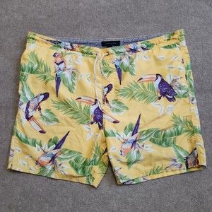 Tommy Hilfiger Trunks Mens XL Yellow Hawaiian Toucan Elastic Waist Swim Shorts
